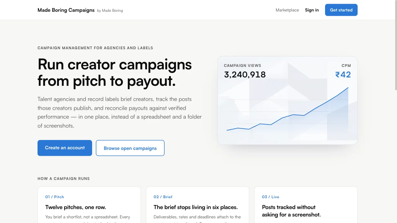 MadeBoring Campaigns landing page: run creator campaigns from pitch to payout
